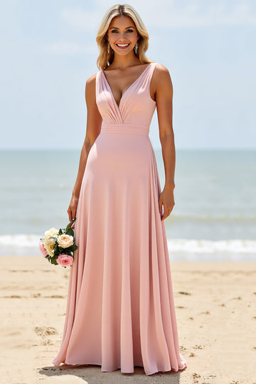 A Line Long V-Neck Blush Bridesmaid Dress
